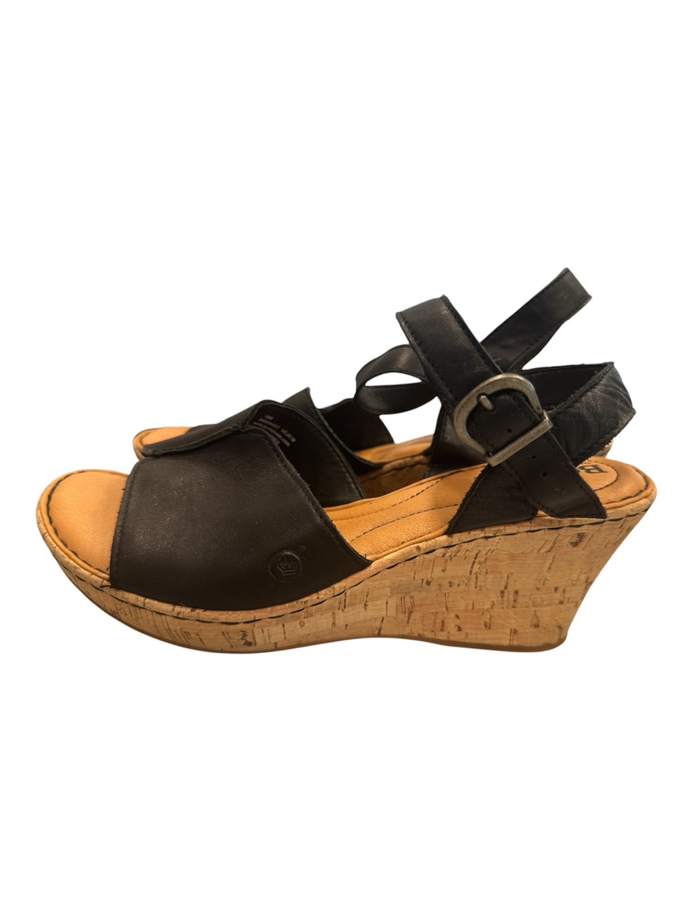 Børn Black Leather Cork Wedge Sandals Ankle Strap Womens Size 10M Comfort